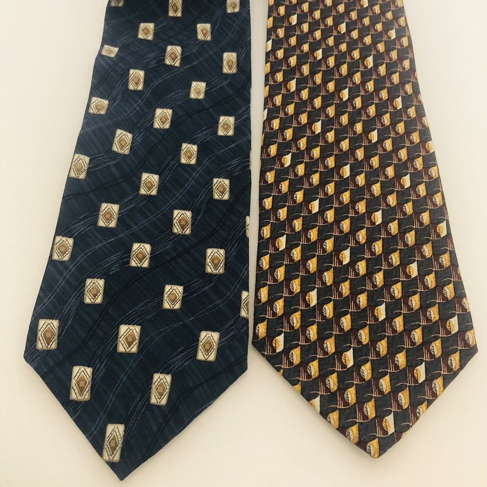 Two Bugatti Italian 100% Silk Ties Blue Abstact Fall Leaf Pattern